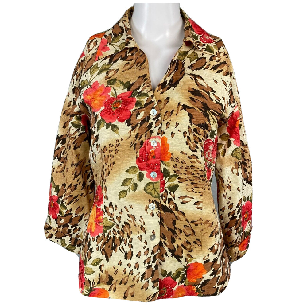 Silkland Shirt Womens Sz M Beige Leopard Print Floral Button Down Top 100% Silk